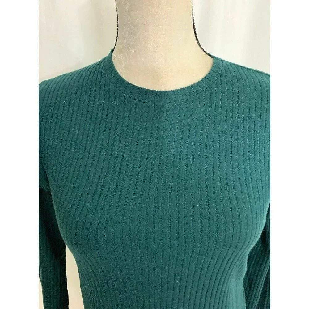 Zara Womens Solid Pine Green Long Sleeve Ribbed Sweater Top Large